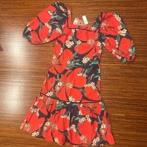 Farm Rio Jamila Dress Womens Red Print Cotton Midi Dress Puffy Sleeves NWT